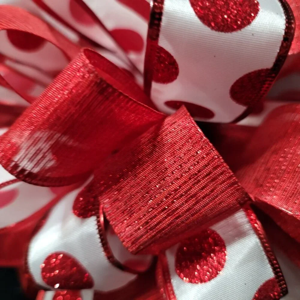 Christmas Tree Bow Topper, Red Polka Dot and Red Ribbon Bow Tree Topper 44 Loop‎